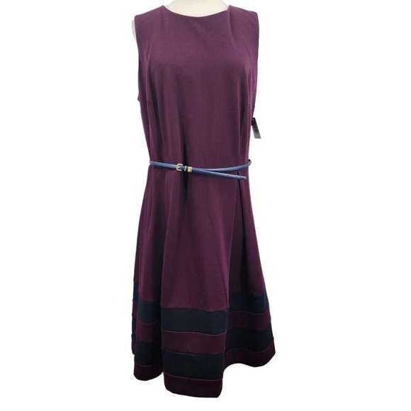 Taylor‎ Dress Dia & Co Purple Navy Blue Belted A-Line Dress Size 18W NWT - Picture 1 of 16